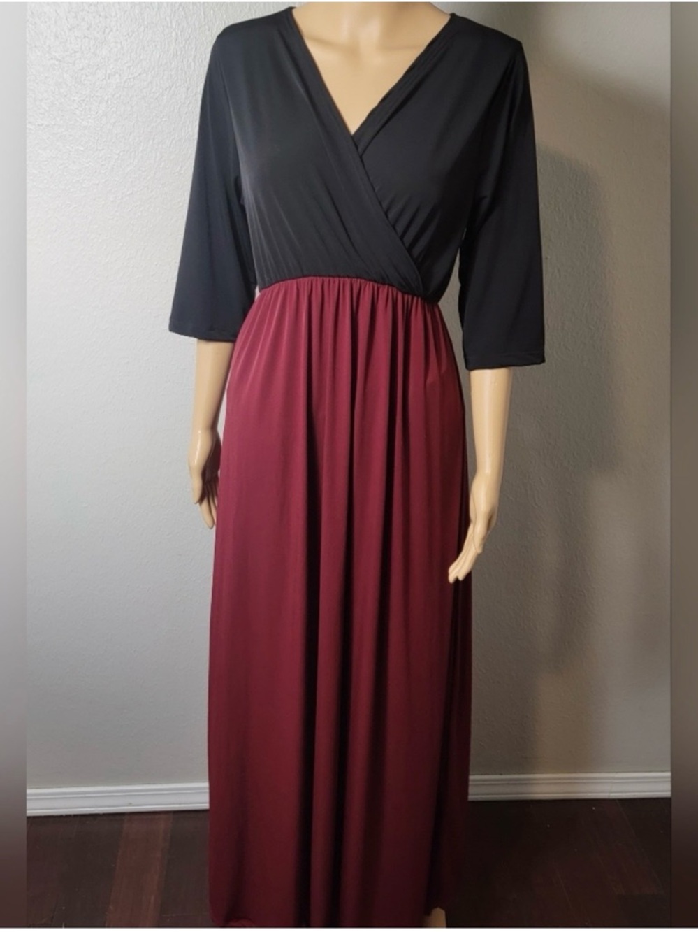 Two-Tone Black and Burgundy Wrap Maxi Dress